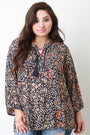Floral Tassel Lace Up Long Sleeves Peasant Top