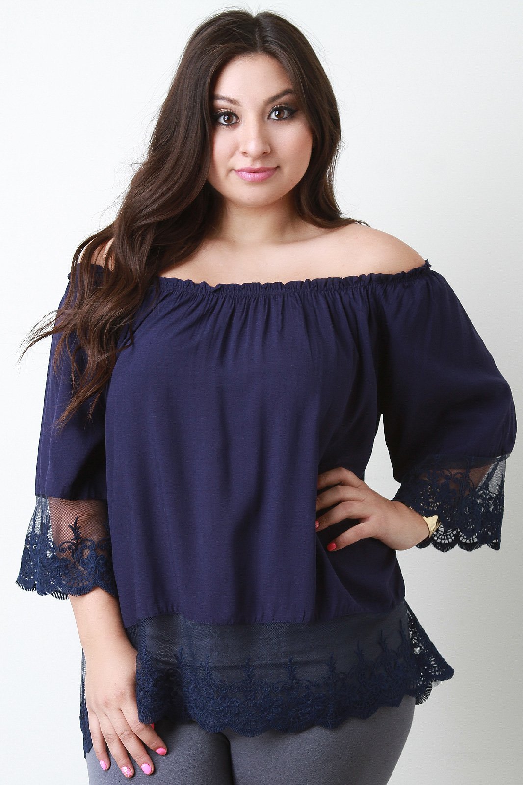 Off-The-Shoulder Scalloped Lace Hem Blouse Top