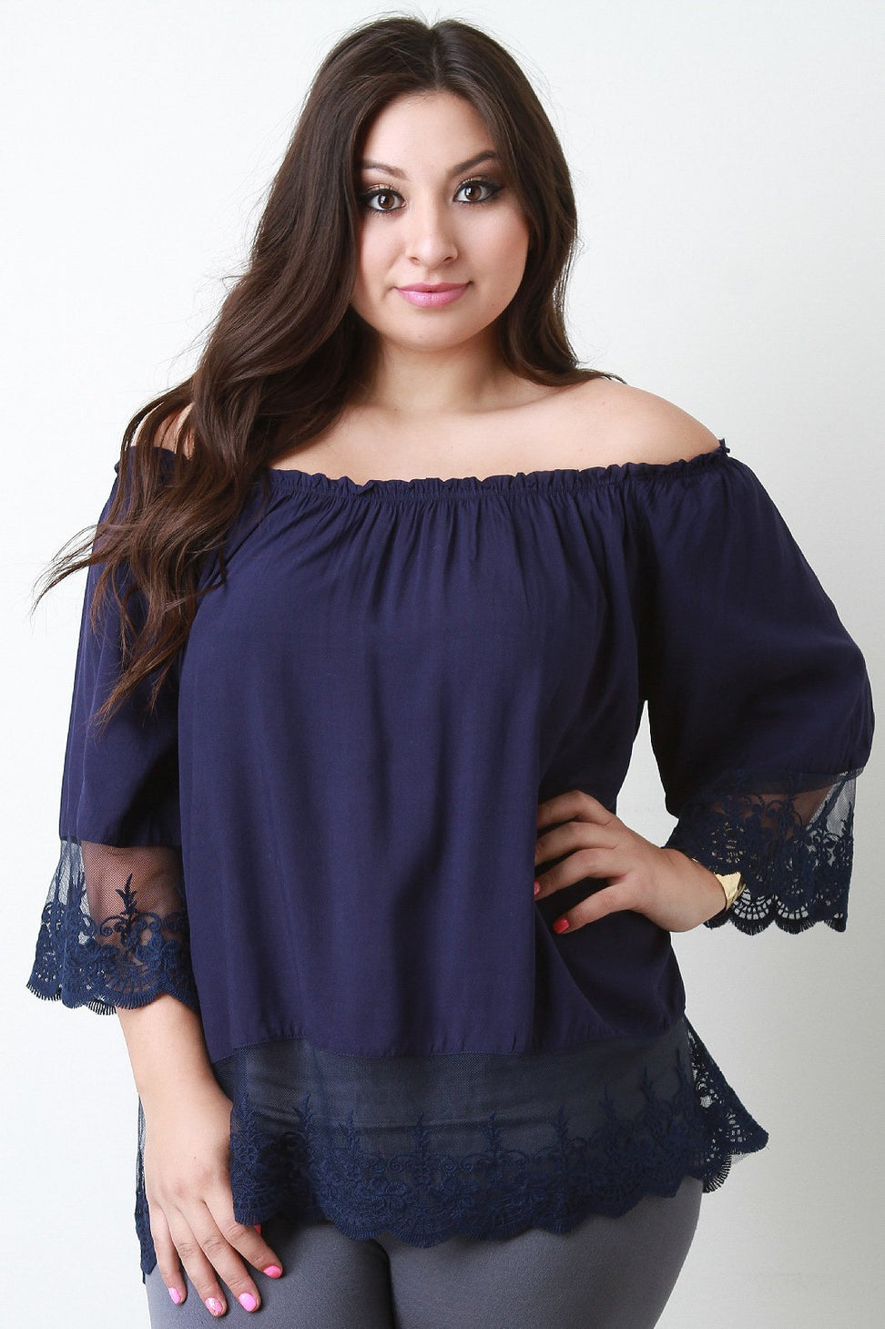 Off-The-Shoulder Scalloped Lace Hem Blouse Top