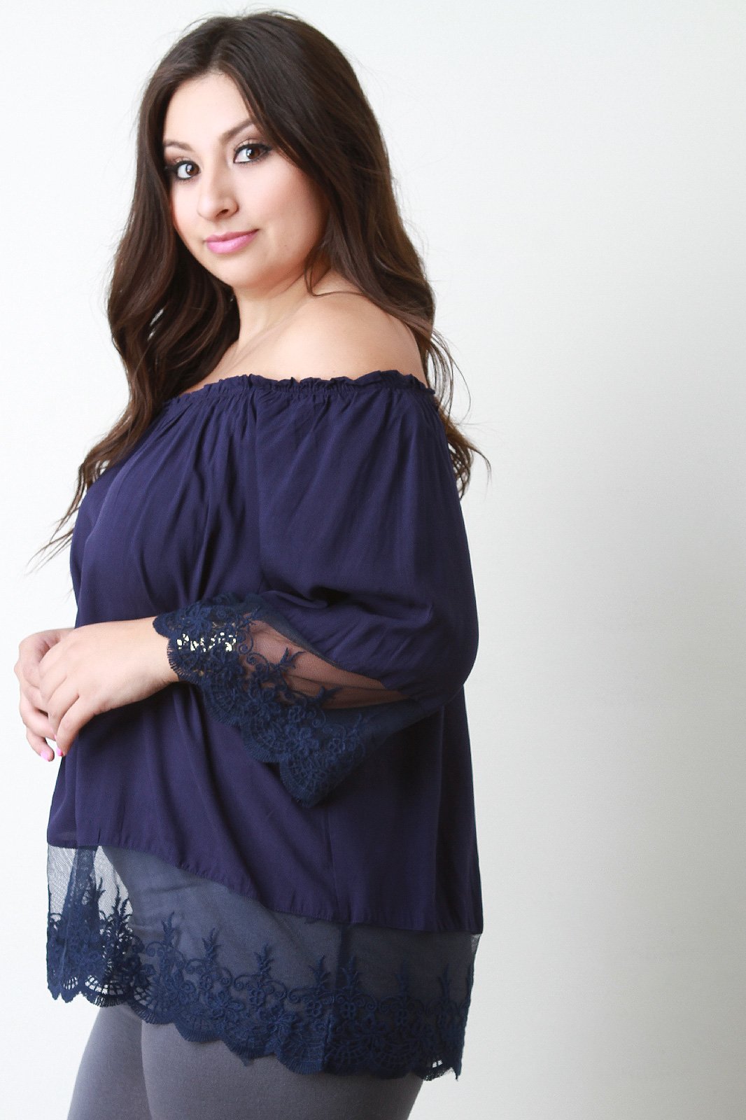 Off-The-Shoulder Scalloped Lace Hem Blouse Top