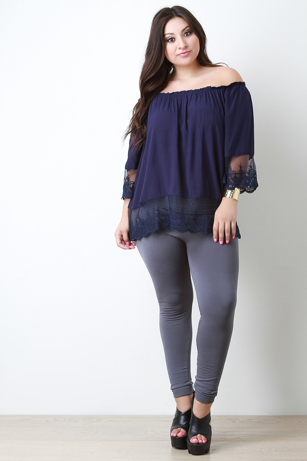 Off-The-Shoulder Scalloped Lace Hem Blouse Top