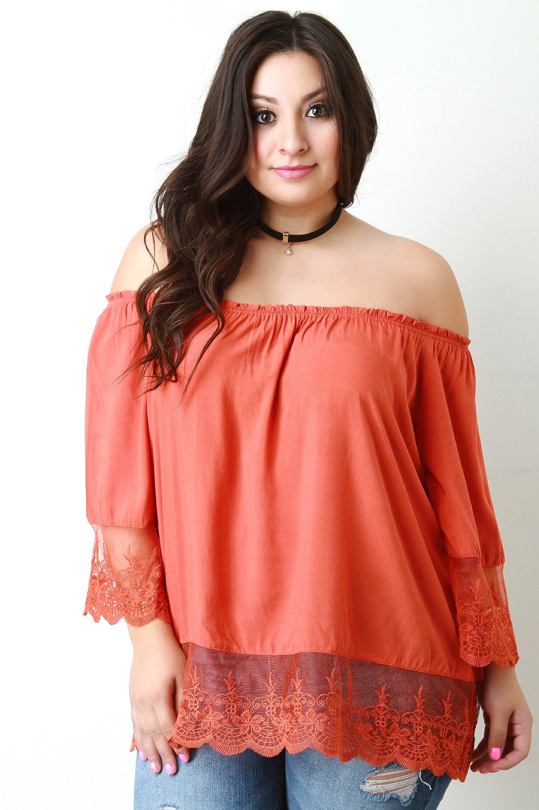 Off-The-Shoulder Scalloped Lace Hem Blouse Top