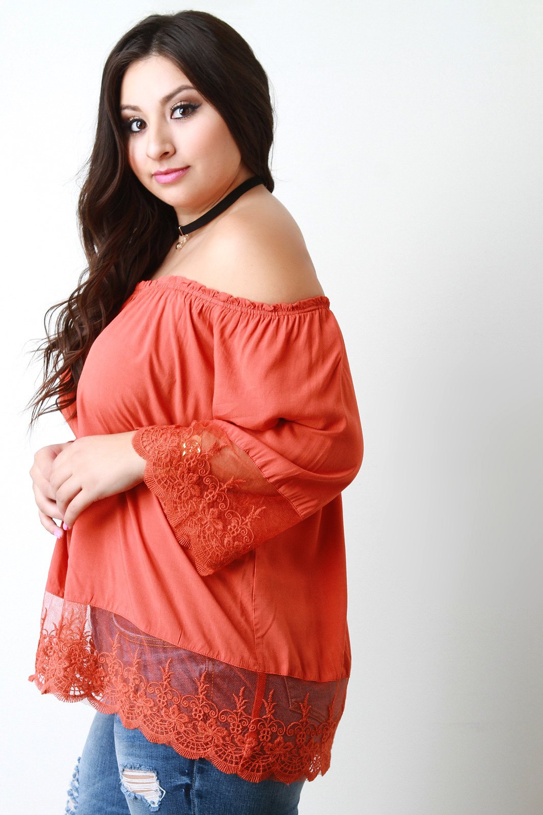 Off-The-Shoulder Scalloped Lace Hem Blouse Top