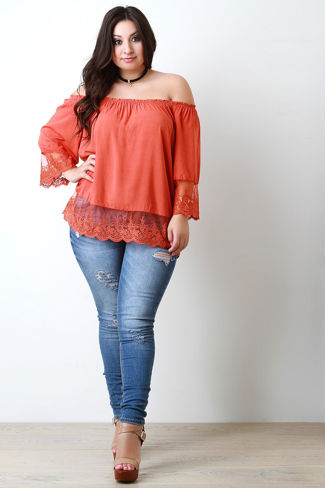 Off-The-Shoulder Scalloped Lace Hem Blouse Top