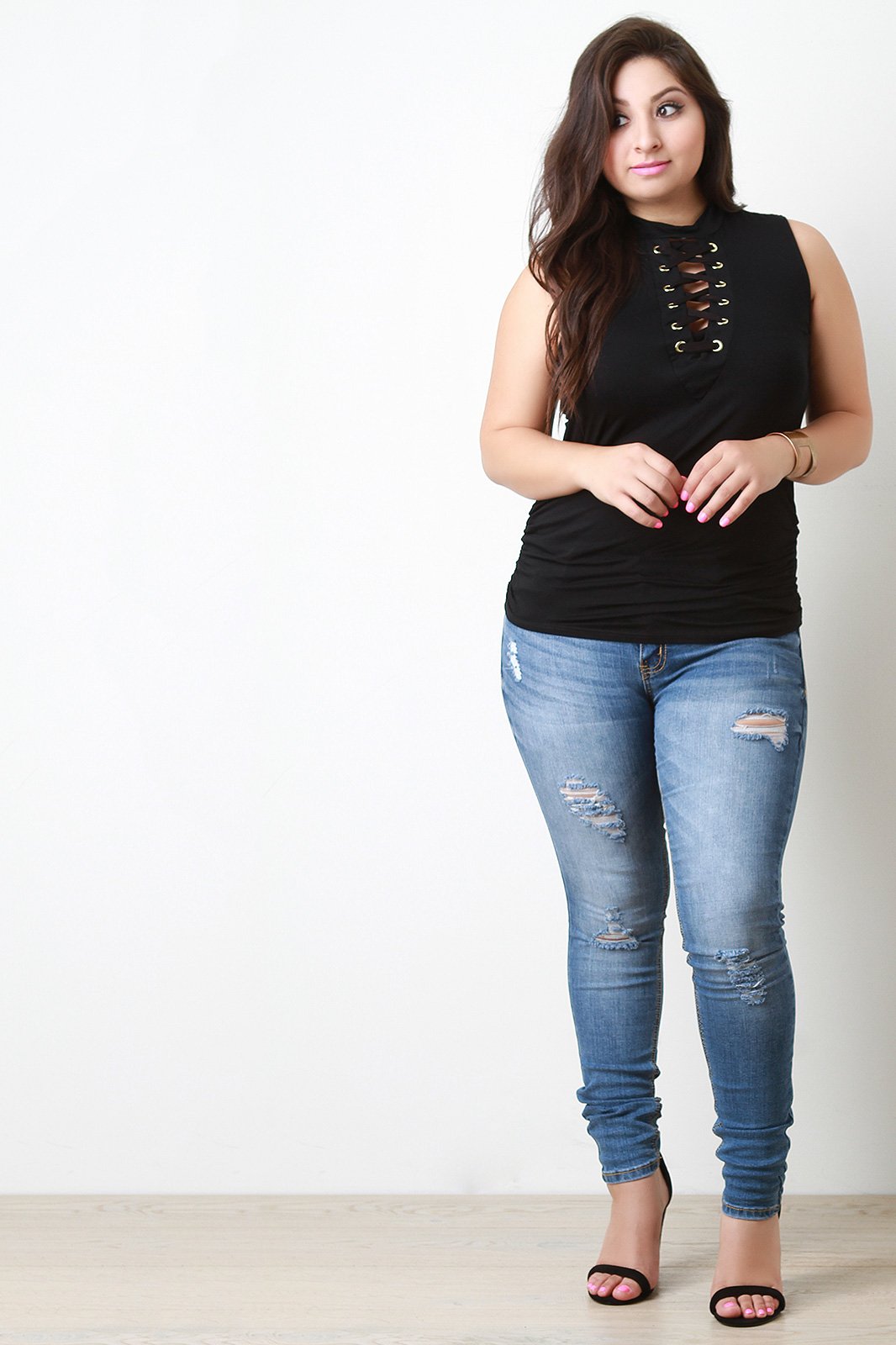 Mock Neck Corset Lace Up Sleeveless Top - NoveltyOne
