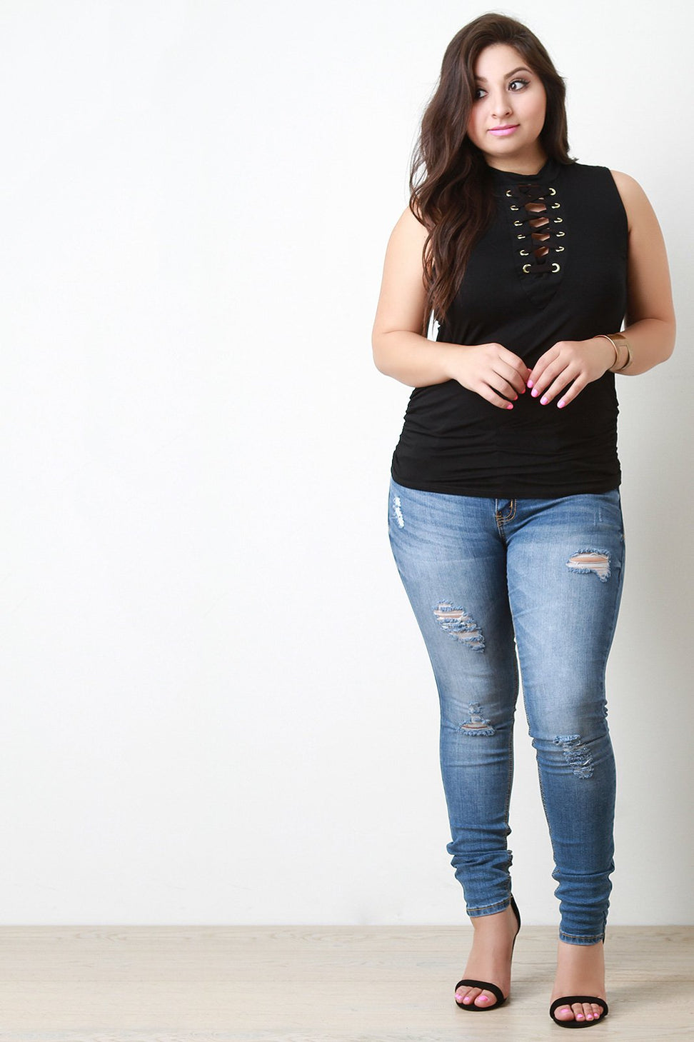 Mock Neck Corset Lace Up Sleeveless Top - NoveltyOne