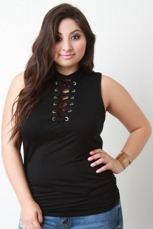 Mock Neck Corset Lace Up Sleeveless Top - NoveltyOne