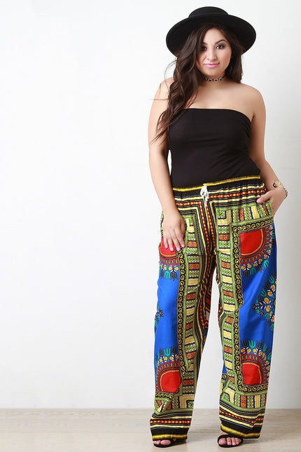 African Print Wide Leg Drawstring Pants