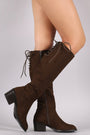 Bamboo Suede Back Lace Up Block Heeled Knee High Boots