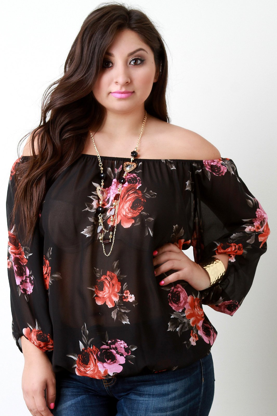 Off The Shoulder Chiffon Rosette Necklace Top - NoveltyOne