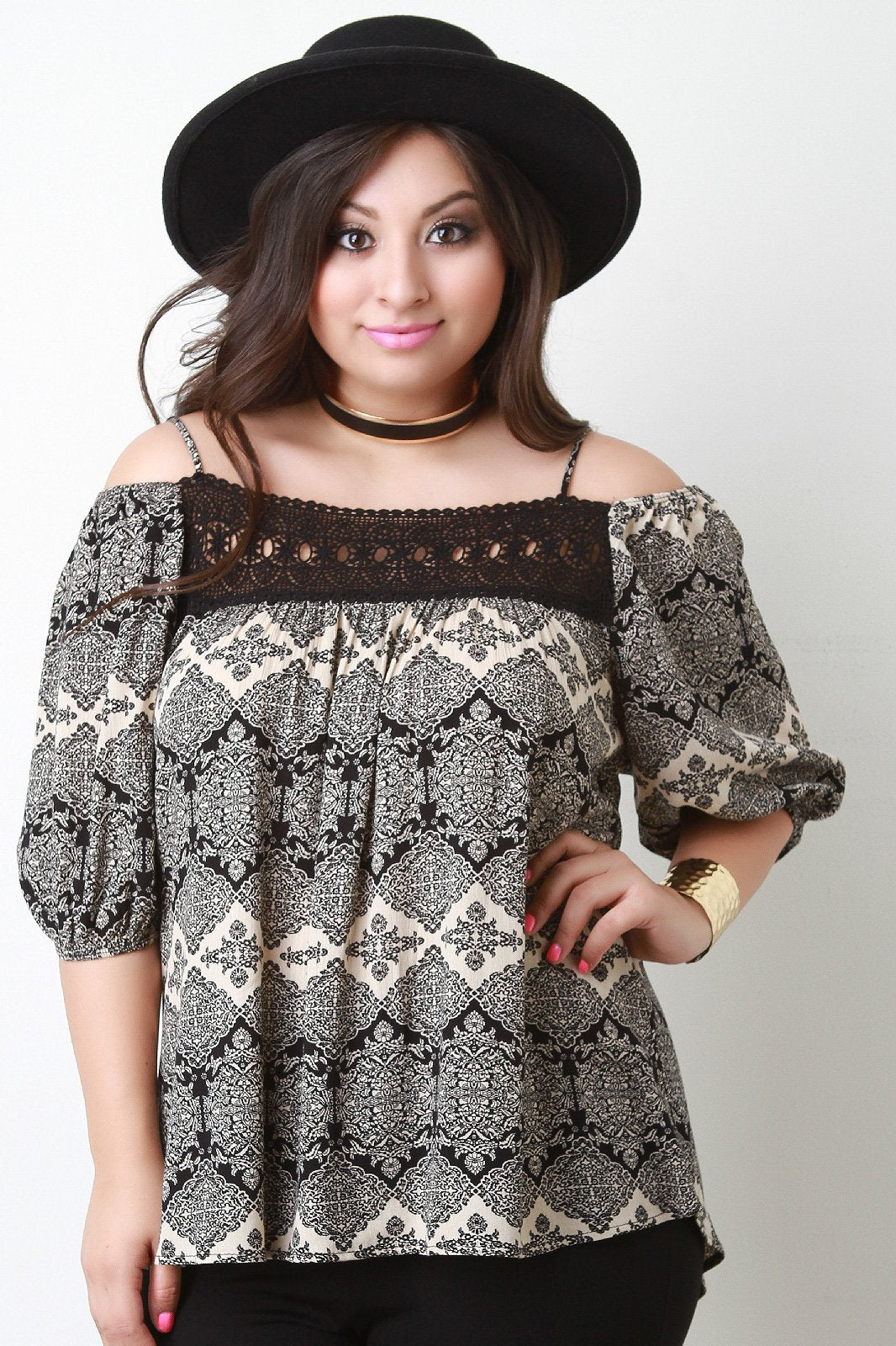 Printed Woven Crochet Yoke Cold Shoulder Top