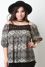 Printed Woven Crochet Yoke Cold Shoulder Top