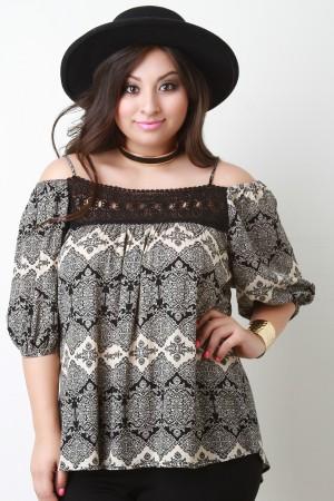 Printed Woven Crochet Yoke Cold Shoulder Top