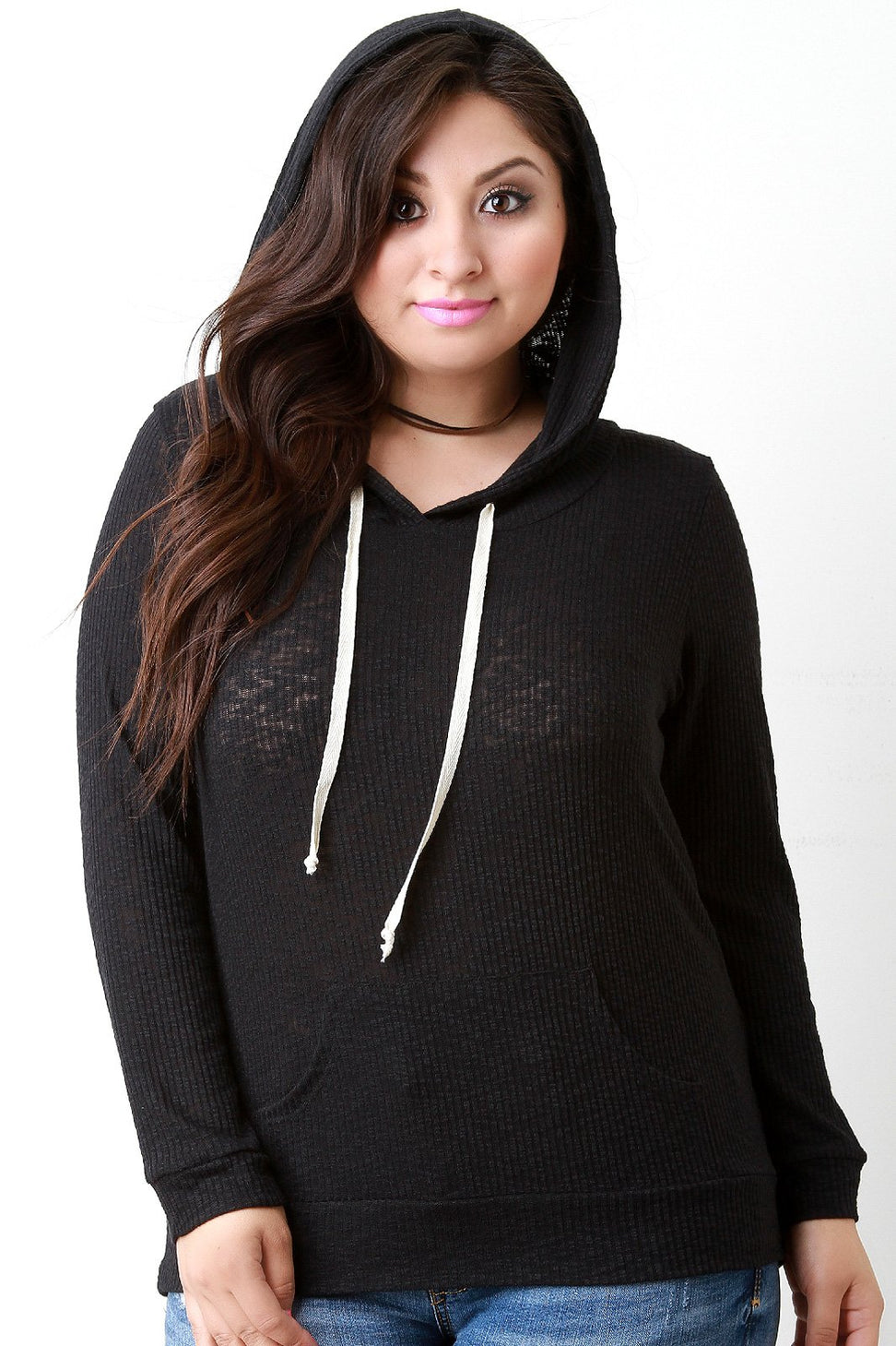 Distressed Rib Knit Longsleeve Hoodie Top - NoveltyOne