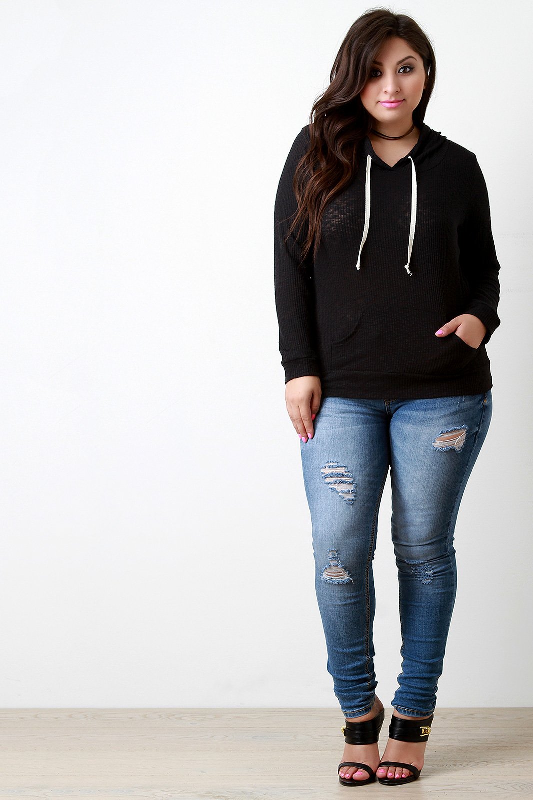 Distressed Rib Knit Longsleeve Hoodie Top - NoveltyOne