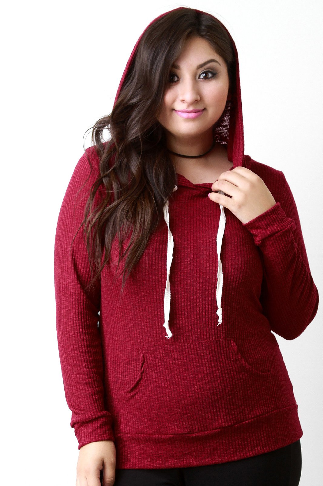 Distressed Rib Knit Longsleeve Hoodie Top - NoveltyOne