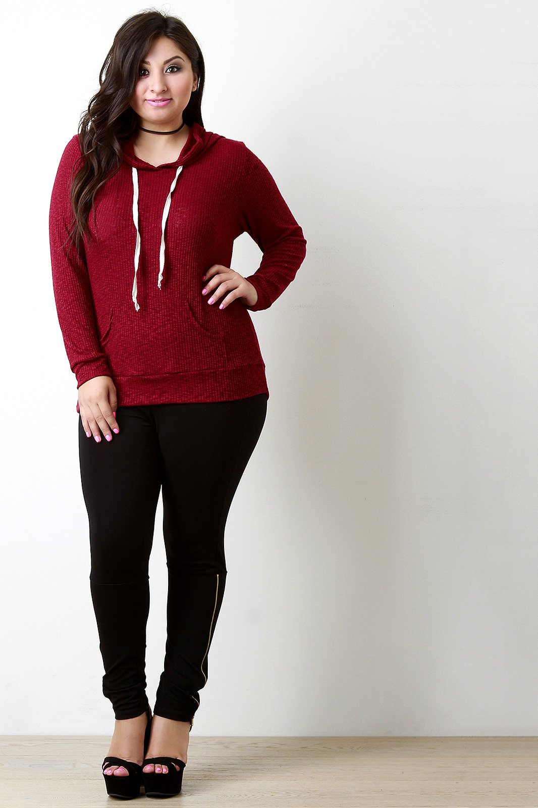 Distressed Rib Knit Longsleeve Hoodie Top - NoveltyOne