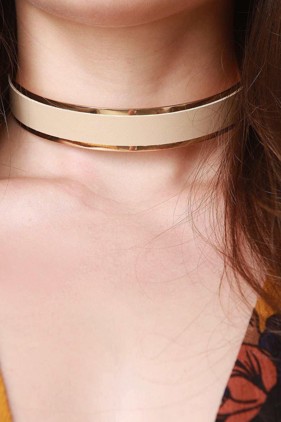 Vegan Leather Stripe Metallic Collar Choker Necklace