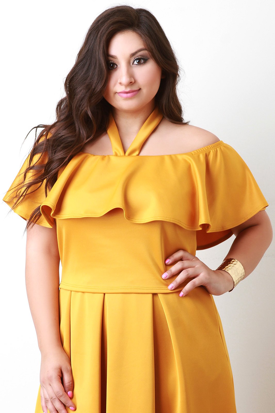 Off The Shoulder Halter Strap Ruffle Crop Top