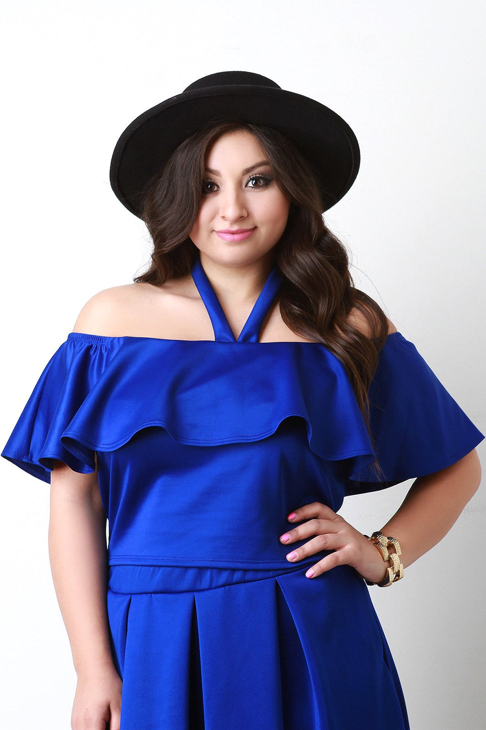 Off The Shoulder Halter Strap Ruffle Crop Top