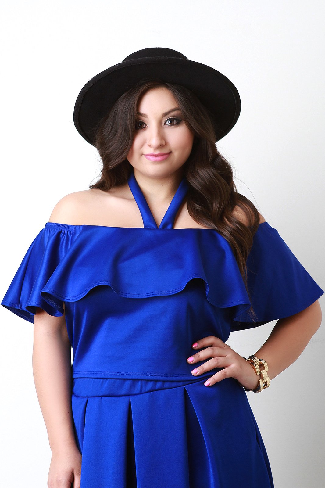 Off The Shoulder Halter Strap Ruffle Crop Top