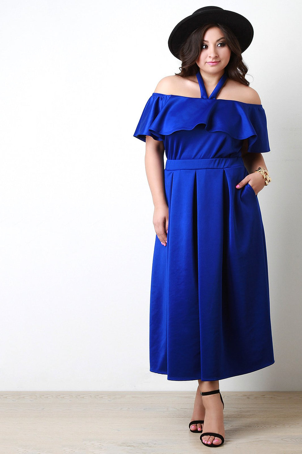 Off The Shoulder Halter Strap Ruffle Crop Top