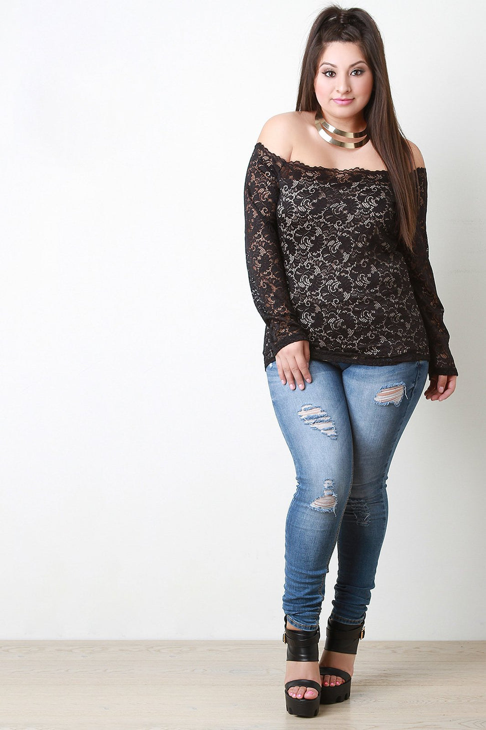 Long Sleeve Lace Bardot Top - NoveltyOne
