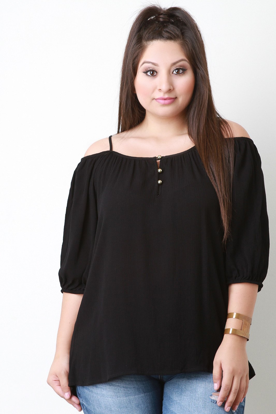 Cold Shoulder Button Detail Peasant Top
