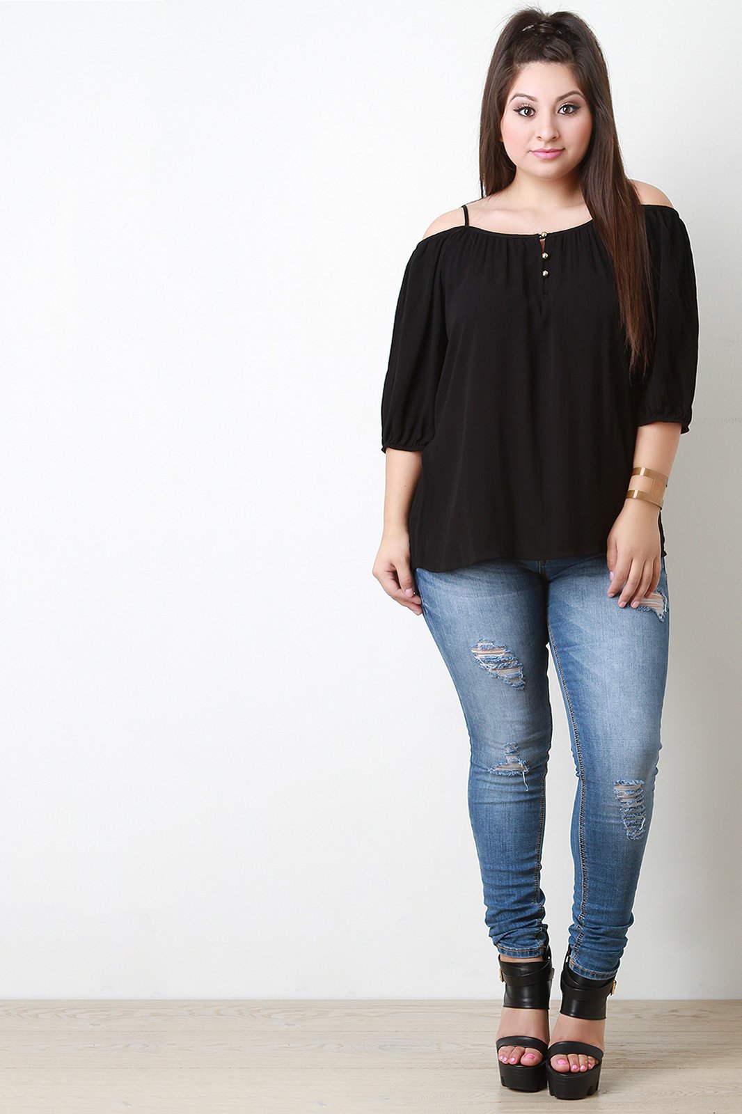 Cold Shoulder Button Detail Peasant Top