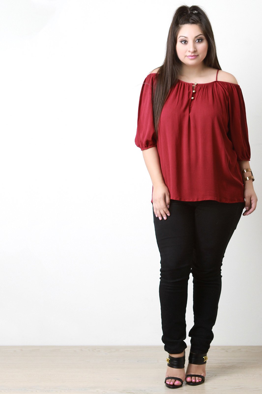 Cold Shoulder Button Detail Peasant Top