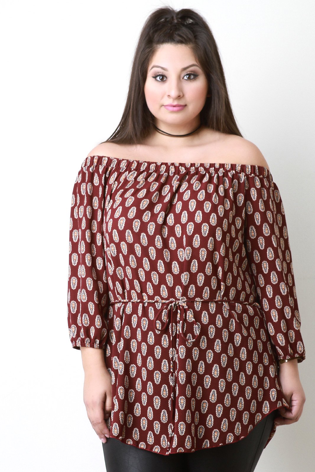 Off The Shoulder Paisley Print Tie Waist Blouse