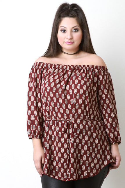 Off The Shoulder Paisley Print Tie Waist Blouse