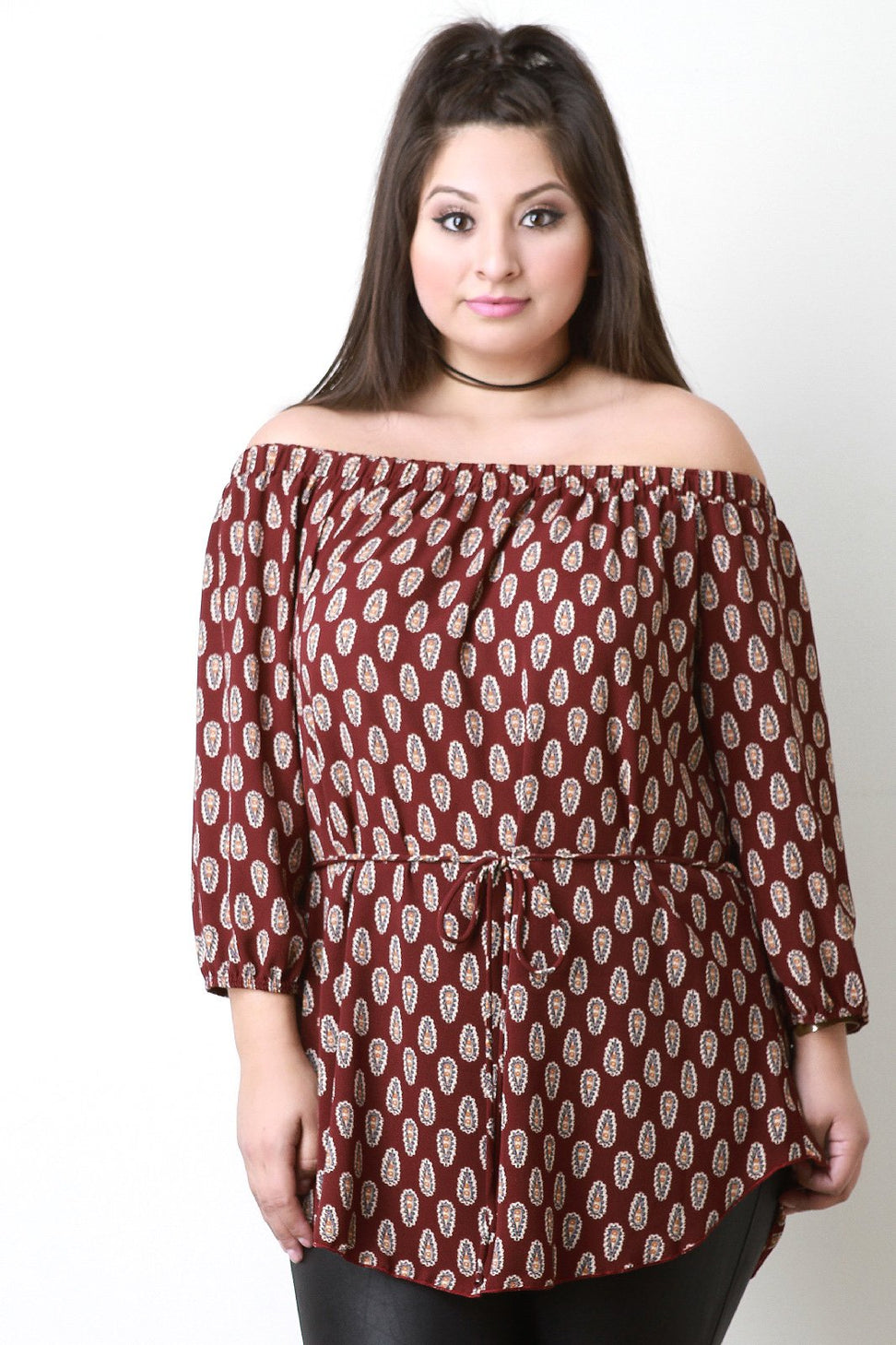 Off The Shoulder Paisley Print Tie Waist Blouse
