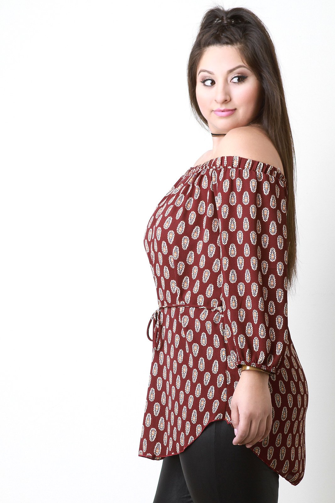 Off The Shoulder Paisley Print Tie Waist Blouse