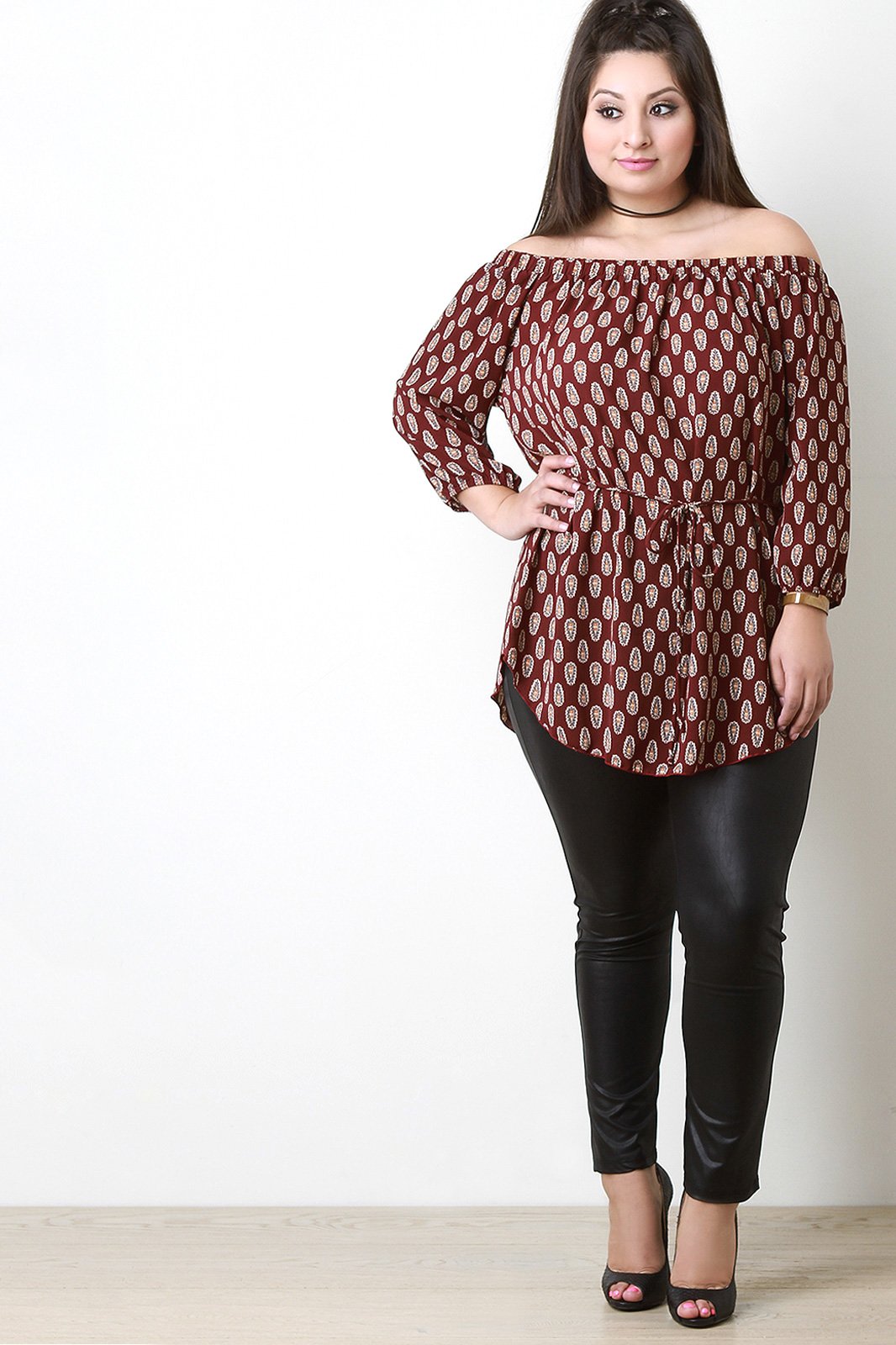 Off The Shoulder Paisley Print Tie Waist Blouse