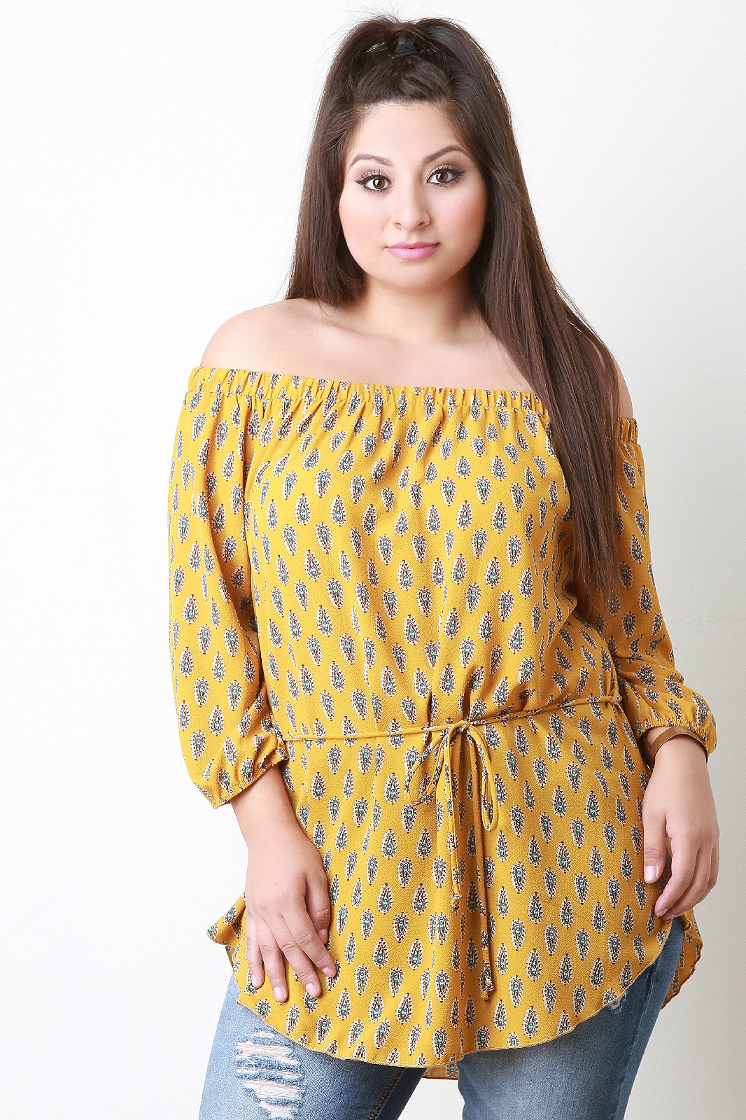 Off The Shoulder Paisley Print Tie Waist Blouse