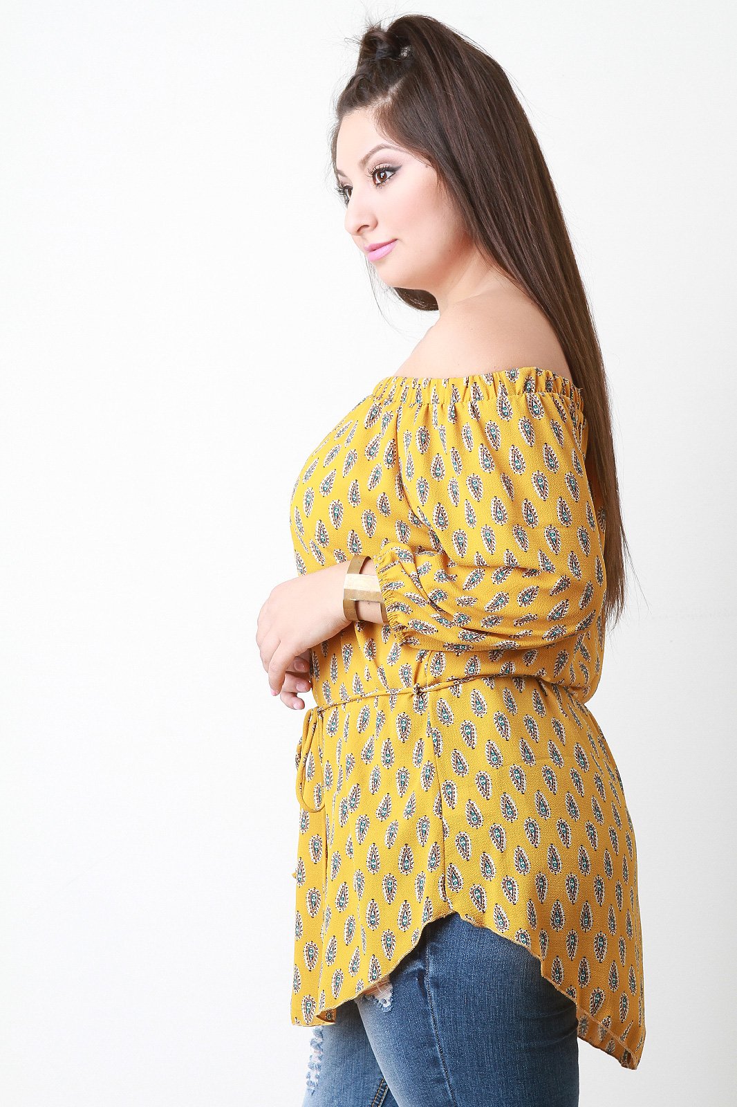 Off The Shoulder Paisley Print Tie Waist Blouse