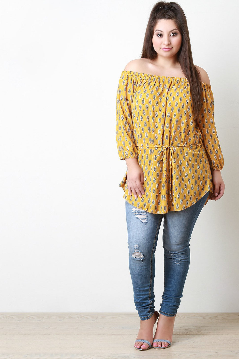 Off The Shoulder Paisley Print Tie Waist Blouse