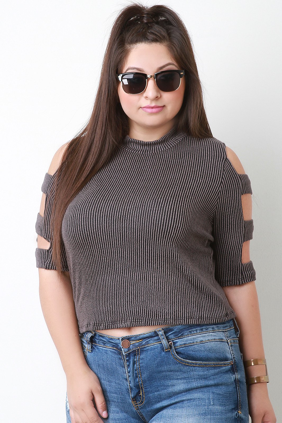 Rib Knit Banded Sleeve Crop Top