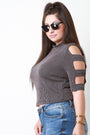 Rib Knit Banded Sleeve Crop Top