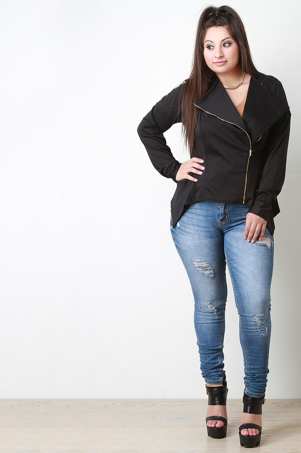 Zip Up Handkerchief Blazer Jacket