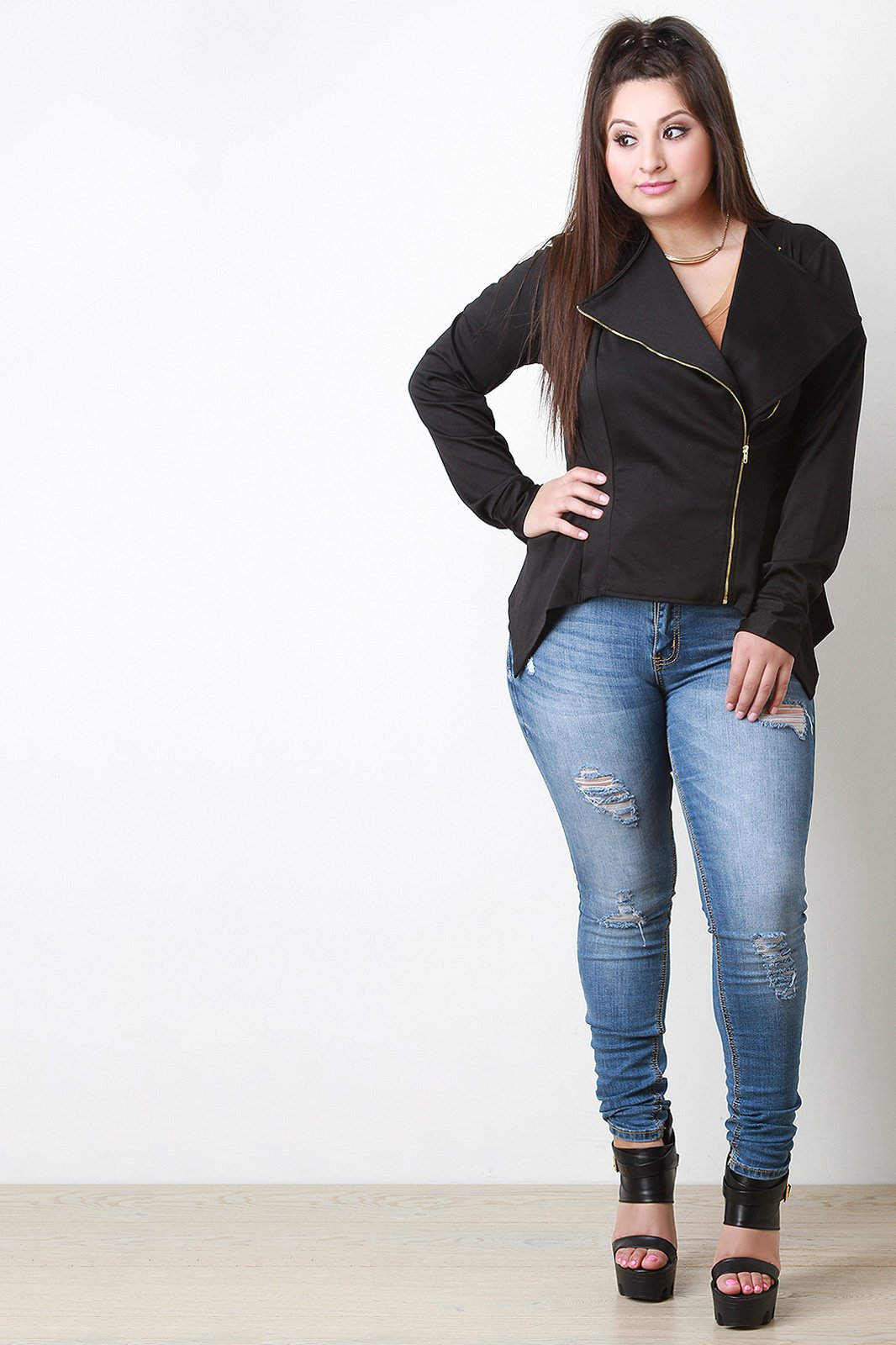 Zip Up Handkerchief Blazer Jacket