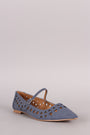 Qupid Laser Cutout Denim Pointy Toe Mary Jane Flat
