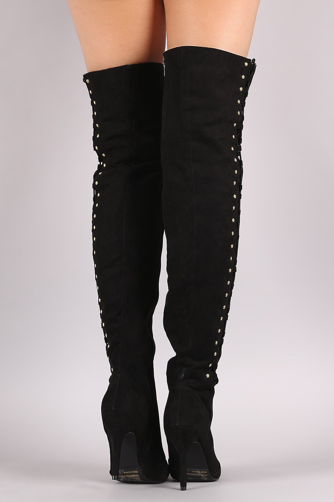 Qupid Suede Studded Lace Up Over-The-Knee Stiletto Boots