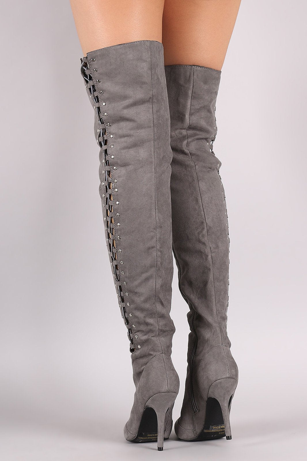 Qupid Suede Studded Lace Up Over-The-Knee Stiletto Boots