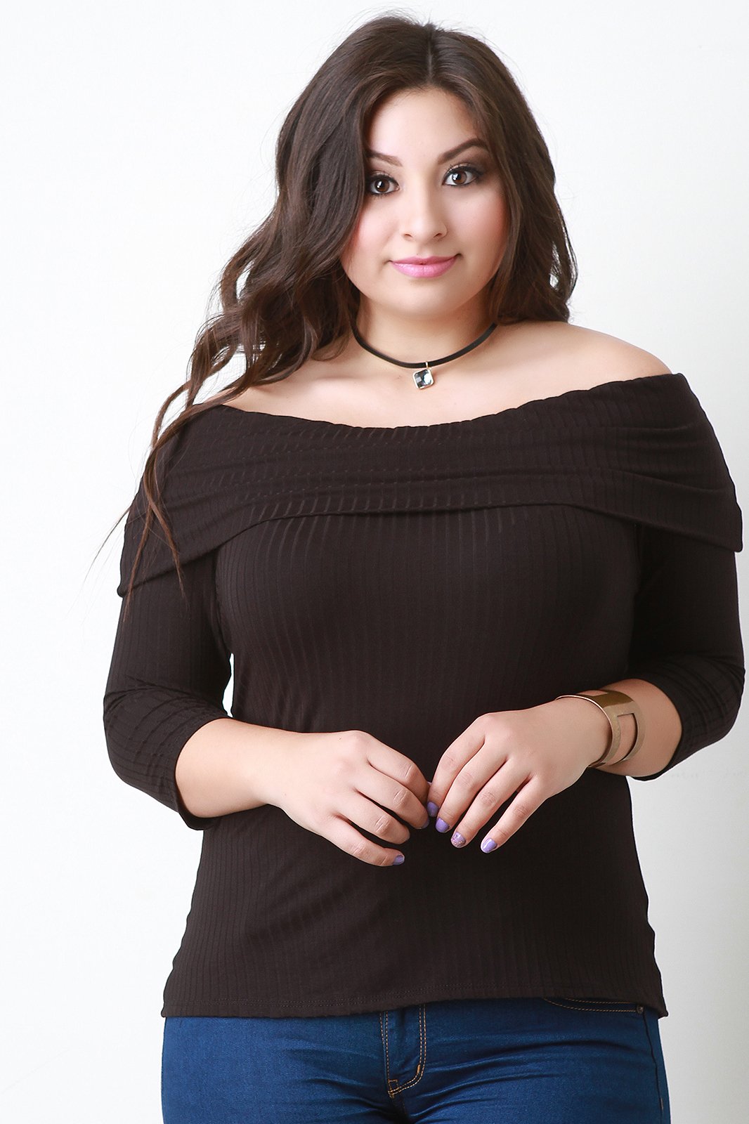 Fold Over Off The Shoulder Ribbed Knit Top - NoveltyOne