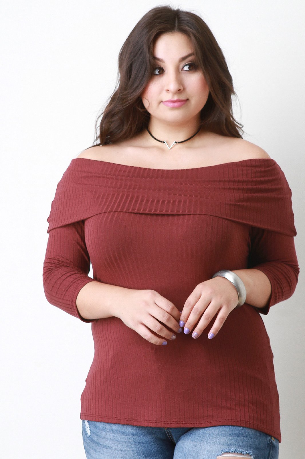 Fold Over Off The Shoulder Ribbed Knit Top - NoveltyOne