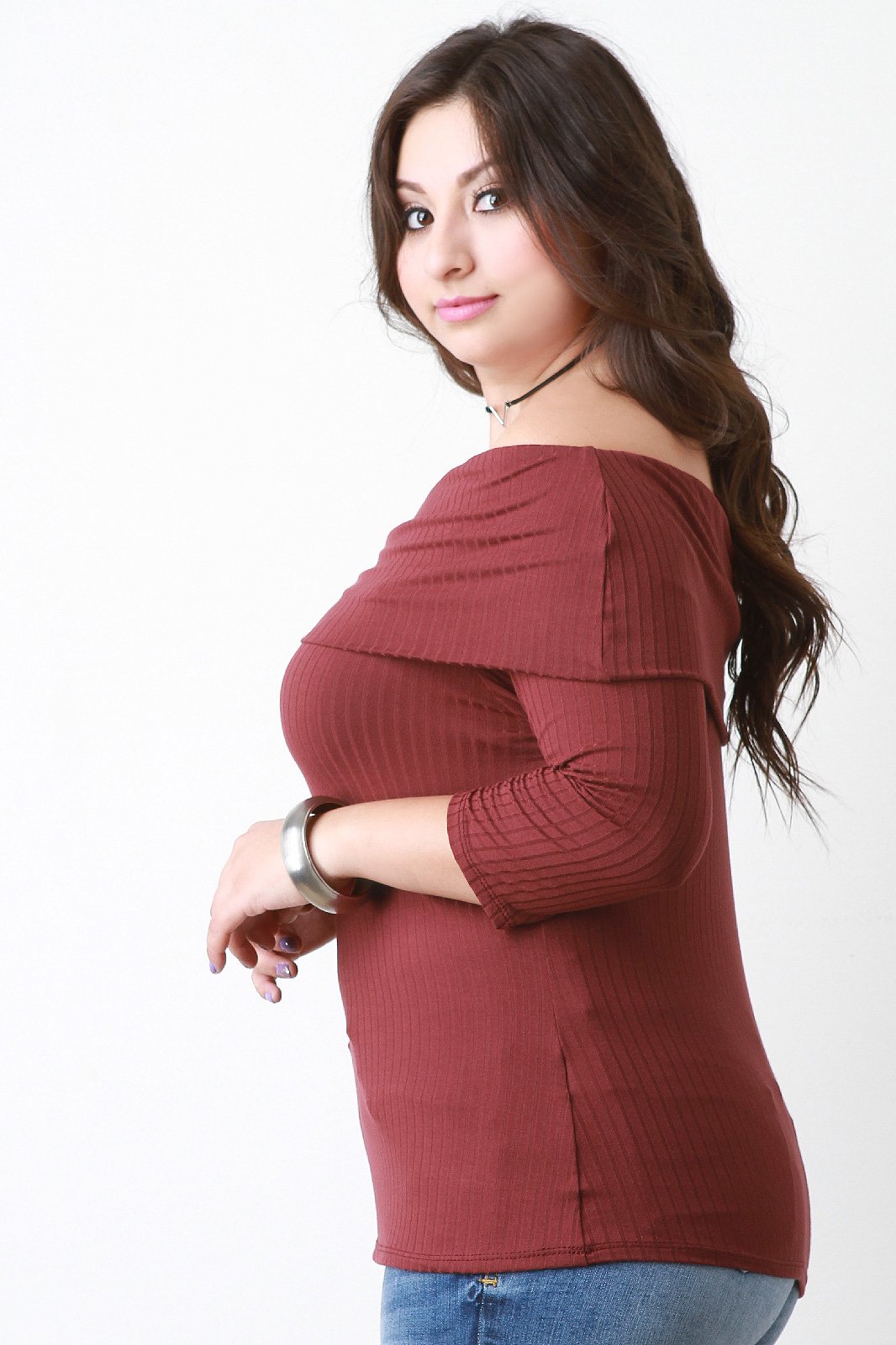 Fold Over Off The Shoulder Ribbed Knit Top - NoveltyOne