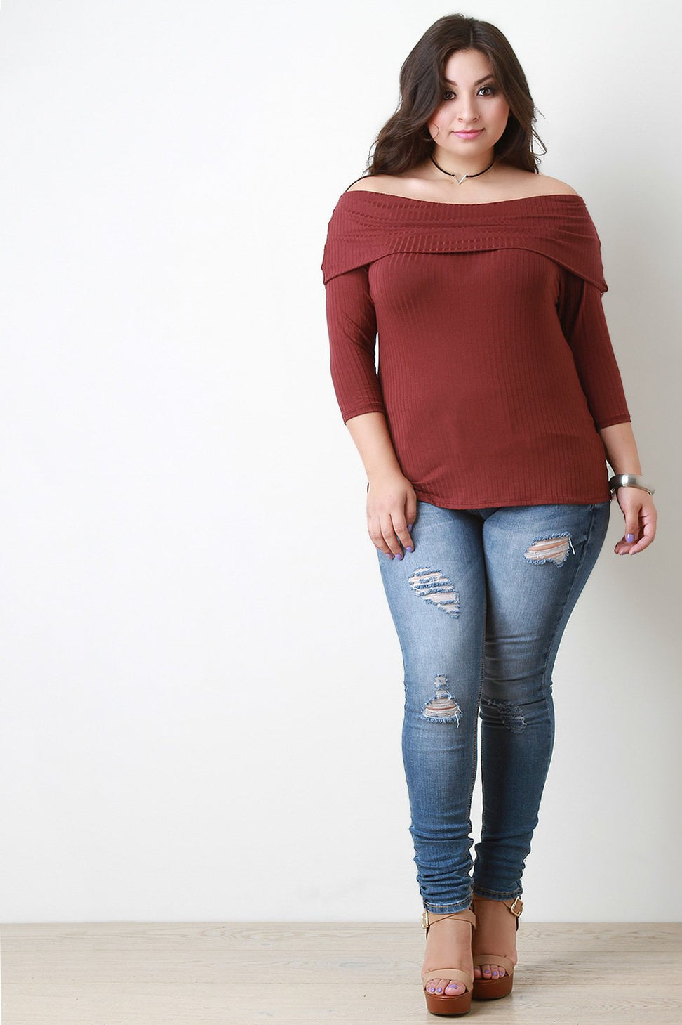 Fold Over Off The Shoulder Ribbed Knit Top - NoveltyOne