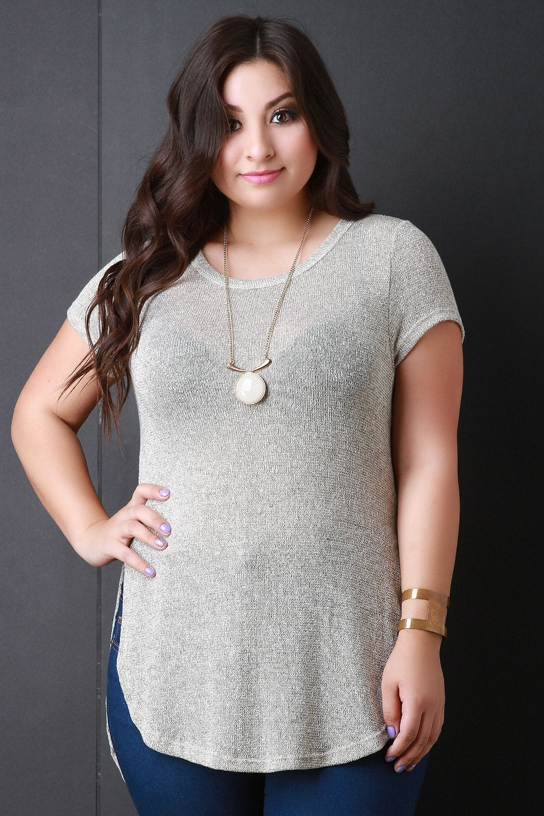 Metallic Knit Round High Low Hem Top